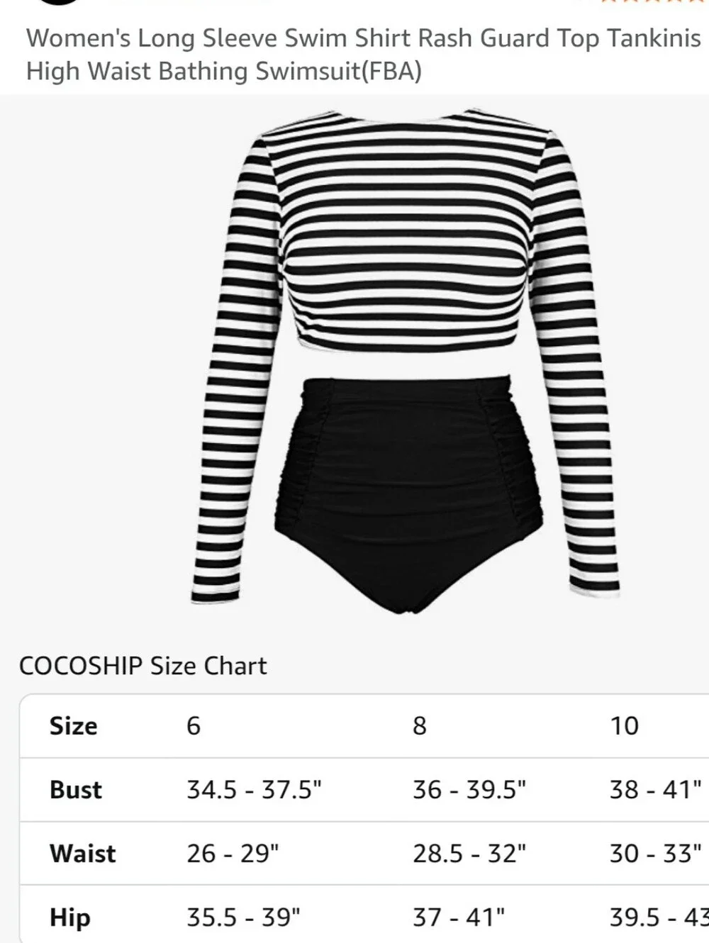 Black & White Striped Long-Sleeve Crop Top Swim Rash Guard COCOSHIP Size 8